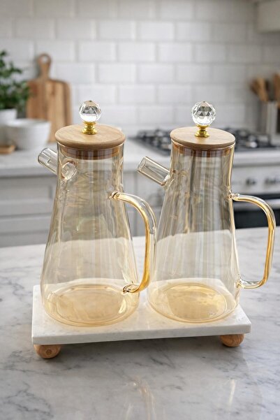 morponi Marble Stand Borosilicate Glass Crystal Bamboo Lid Oil Pot Set 900 Ml+ 900 ml Amber