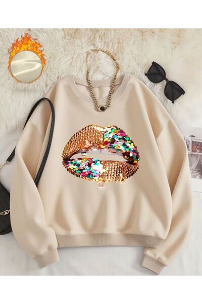 herkesemoda Φούτερ με λεπτομέρεια με φωτεινή εκτύπωση και λαιμόκοψη