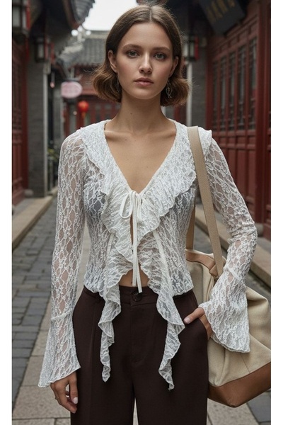 Lingeretta Tül Body Bluz Beyaz Transparan Likralı Kendinden Desenli Spor Uzun...