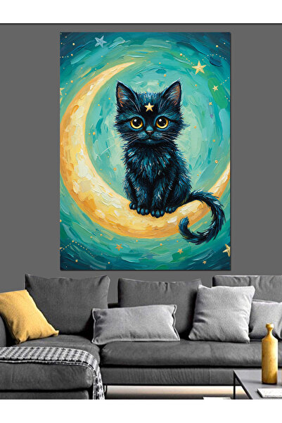 KanvasSepeti Kara pisică Ve Ay Pictură în ulei de înaltă calitate texturat Pâ...