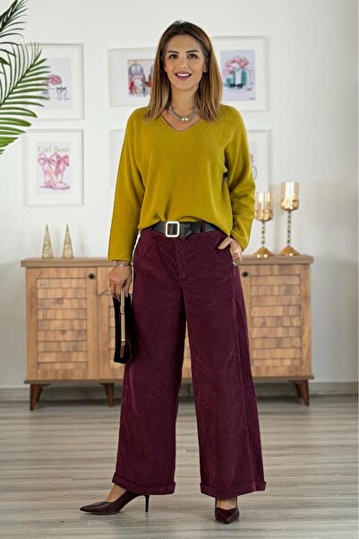 Nevin Kaya Moda بنطلون مخمل إيطالي باللون العنابي