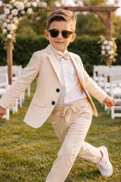 Terry Boys' flared linen loose-fitting suit with jacket / shirt, trousers, jacket, and bow tie linen suit