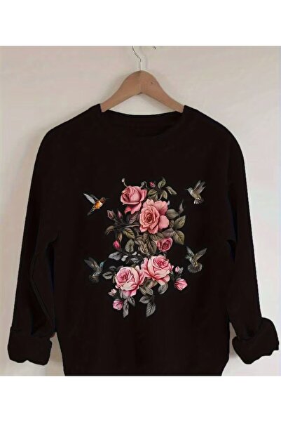 herkesemoda Detaliu de imprimare cu trandafiri roz guler rotund Swea tricou