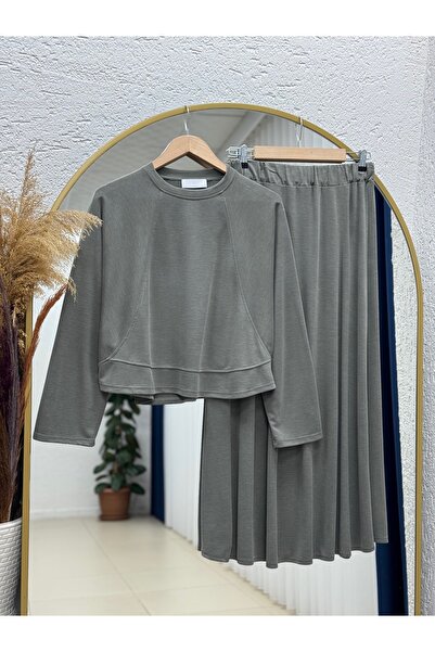 MİHRA STORE Darinka Front Gazi Stitched Pique Skirt Suit-Nl673 Khaki