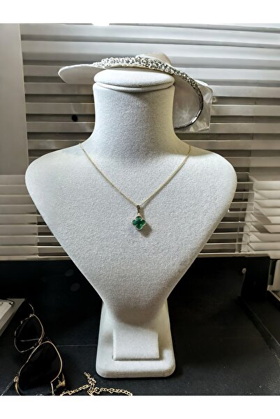 Şöhret takı&aksesuar Şans oval yeşil taşlı yonca kolye Çelik ve üzeri 14k alt...