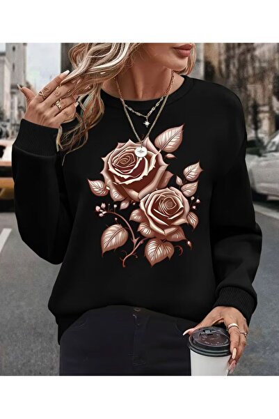 herkesemoda Detaliu cu imprimeu cu trandafiri guler rotund Swea tricou