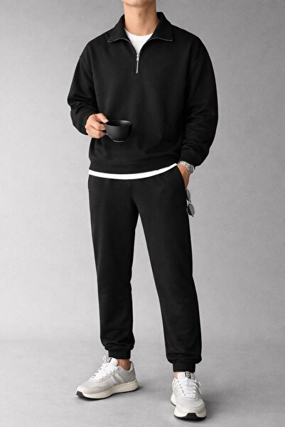 AFROGİYİM Üç İplik Şardonlu Dik Yaka Fermuarlı Erkek Eşofman Takımı