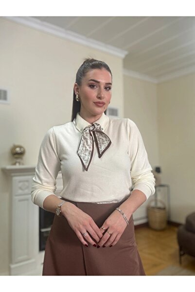 solena sln Pulover tricotat de damă cu guler polo și detaliu tip eșarfă