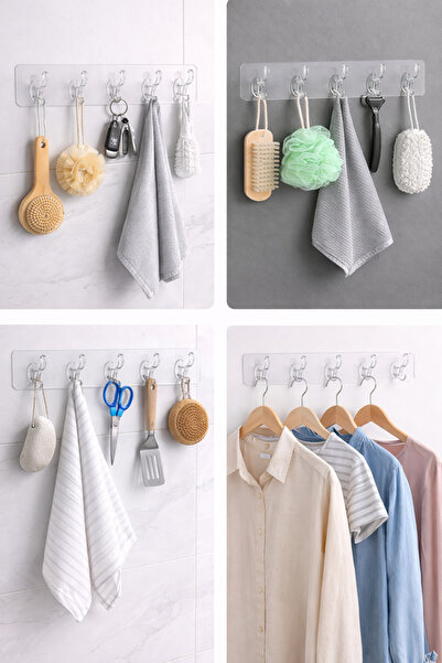 Layer Home 5'li Şeffaf Kendinden Yapışkanlı Güçlü Şeffaf Askılık - Kapı Arkas...