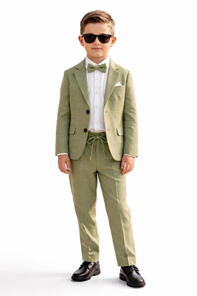 Terry costum pentru băiat din in, cu jachetă casual / cămașă, pantaloni, jachetă, papion, costum din in