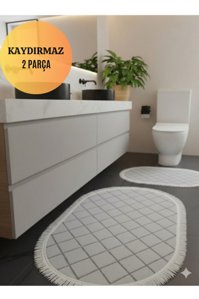 SEVHOME CONCEPT Kaydırmaz Oval Banyo Paspas Seti Kilim Desenli 2’li
