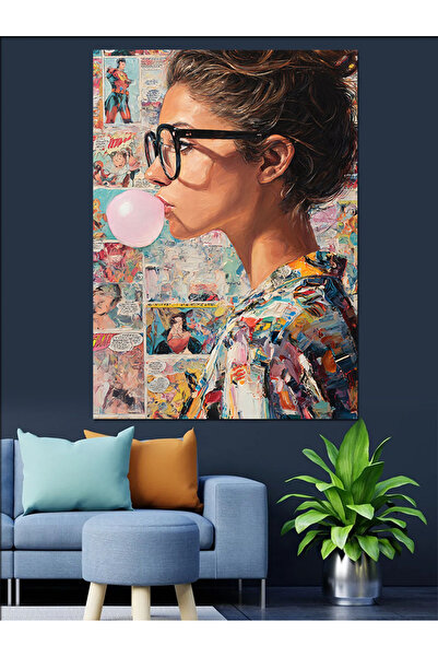KanvasSepeti Mutlu Woman Holding Gum Pictură în ulei de înaltă calitate textu...