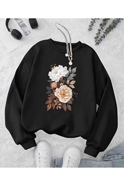 herkesemoda Detaliu de imprimare cu trandafiri moi guler rotund Swea tricou