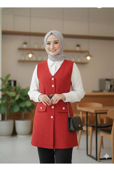 onlymoon Women's Red Full Fit Tuvit Vest ◆ Button Detail ◆ Classic Stylish ◆ Belt Is Not Included in the Product
