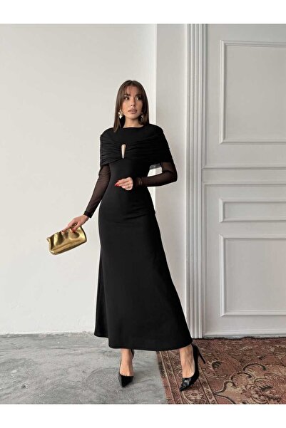 cemo Kayık Yaka Gold Aksesuar Detaylı Maxi Elbise