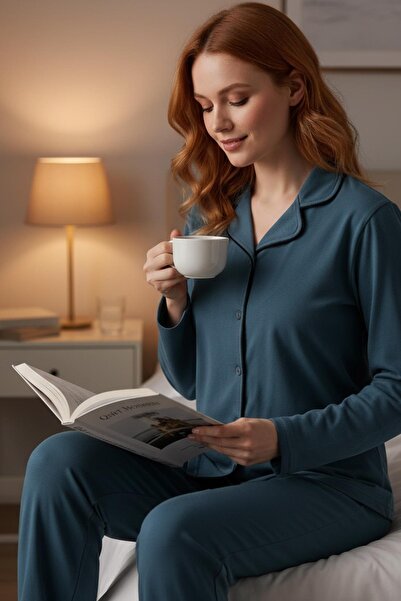 PİJAPİA طقم بيجامة نسائية بأكمام طويلة وأزرار، لون بترولي، 100% قطن