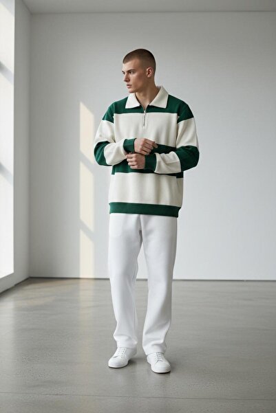 Altamira Men's Green Striped Oversized Half Zipper 3 Thread Fleece-Lined Trac...