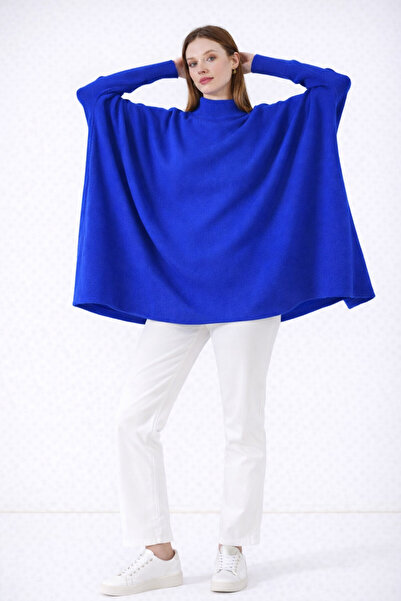 MISSRUBA Kadın Yırtmaçlı Saks Panço Kazak