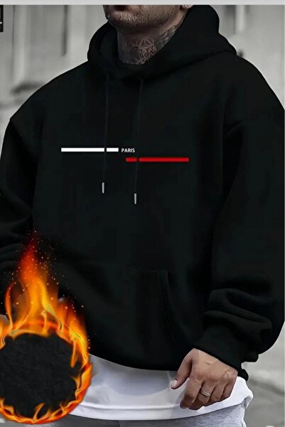 CAST COLLECTİON Ανδρικό μαύρο ριγέ φούτερ με στάμπα Paris και κουκούλα