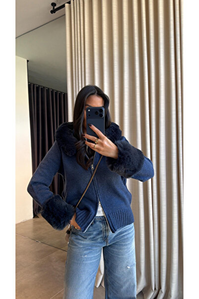 My Blog Navy Blue Hooded Shearling Cardigan - 251098