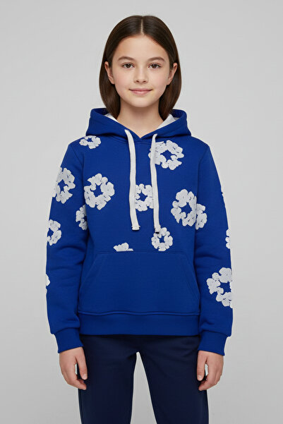 Vaxy Style Kız Çocuk Çiçek Baskılı Özel Tasarım Üç İplik Şardonlu Pamuklu Yan...