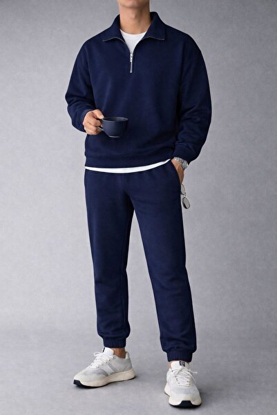 AFROGİYİM Üç İplik Şardonlu Dik Yaka Fermuarlı Erkek Eşofman Takımı