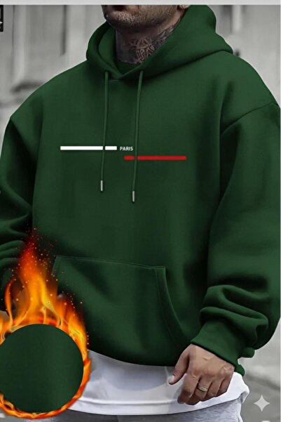 CAST COLLECTİON Men's Green Striped Paris Printed Hooded Sweat