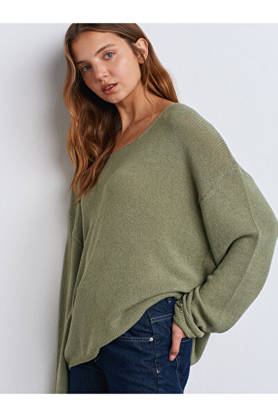 Dilvin 10706 Oval Neck Draped Sweater-Light Khaki