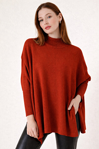 MISSRUBA Kadın Yırtmaçlı Kiremit Panço Kazak DP0001