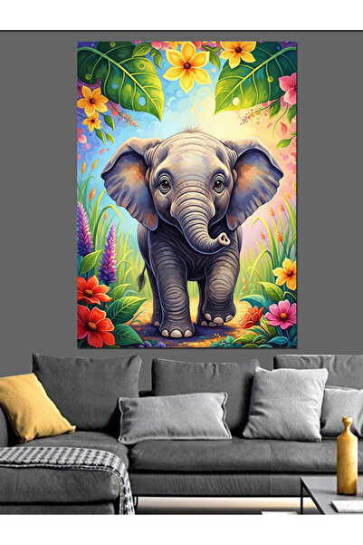 KanvasSepeti Pictură în ulei de înaltă calitate cu pui de elefant colorat tex...