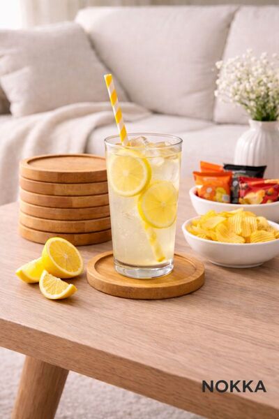 NOKKA 6 Pieces Flat Model Round Bamboo Coaster, Cup Plate, Coaster 10 cm