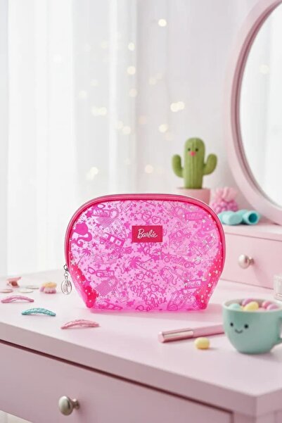 Barbie Lisanslı Yarı Saydam Kozmetik Çantası (Gül Kırmızısı)