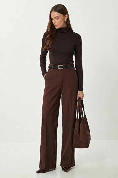 Lovelyİstanbul Belted Wide Leg Stretch Knit Pants Lby0035 Brown