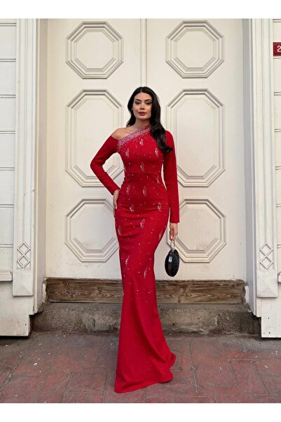 Modafeminen Silvery Crepe Fabric One-Shoulder Evening Dress with Stone Embellishments 583373 Red