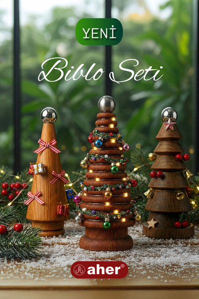 AHER 3’lü Doğal Ahşap Yılbaşı Biblo Seti - Modern Çam Ağacı Figürlü Masaüstü dekor yılbaşı süsü