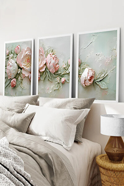 kutuTR Beyaz Çerçeveli 2D UV Baskı 3’lü MDF Tablo Set –Romantik Çiçek Temalı ...