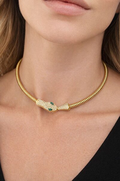 AKSESUARIM Kadın Gold Kaplama Zirkon Taşlı Yılan Figürlü Choker Kolye