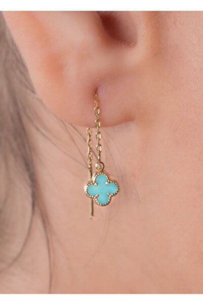 YCL JEWELLERY 8 Ayar (ÇİFT) Altın Turkuaz Sallantılı Yonca Küpe