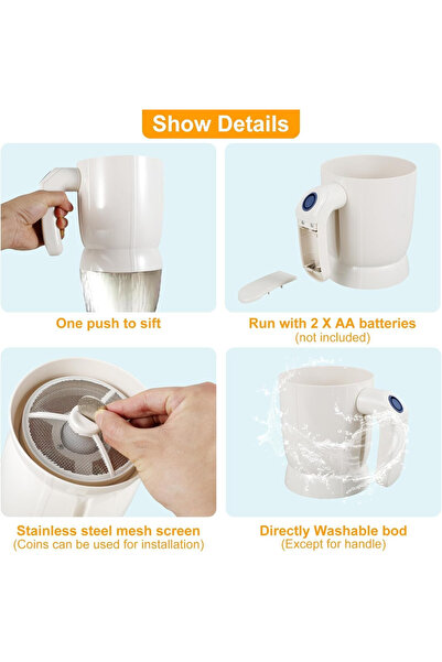 Generic منخل دقيق كهربائي يدوي، يعمل بالبطارية، مصنوع من الفولاذ المقاوم للصدأ، ذو شبكة دقيقة