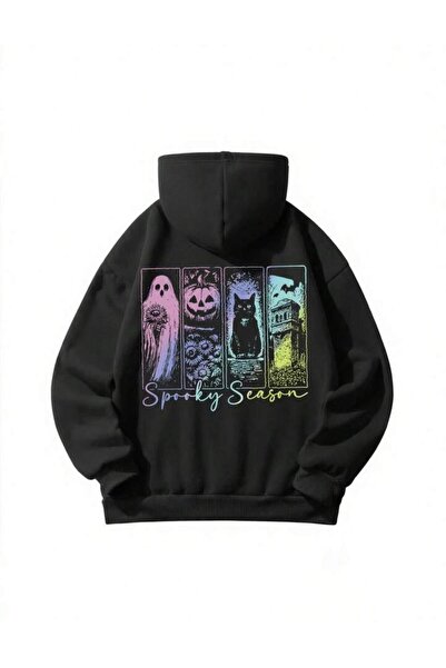 Oceanwear سويت شيرت أسود مسطح للجنسين بطابع الهالوين مطبوع بغطاء رأس