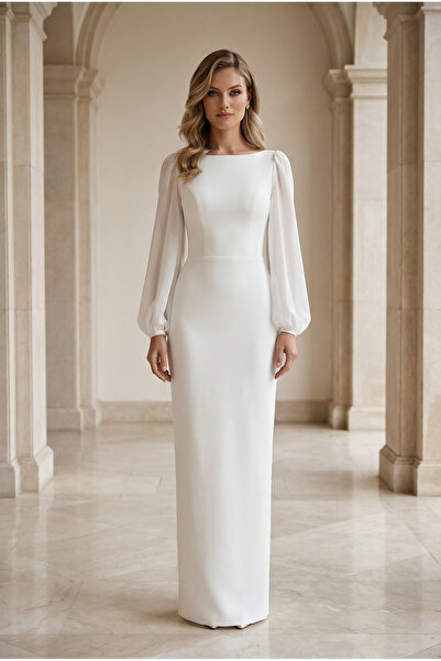 berissima bride Kayık Yaka Balon Kol Nikah Elbisesi, Kırık Beyaz, Yırtmaçlı K...