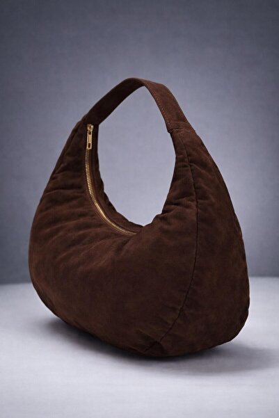 World Star Acı Kahve Süet Yarım Ay Kadın Oval Omuz Kol Çanta Çift Fermuarlı Çanta