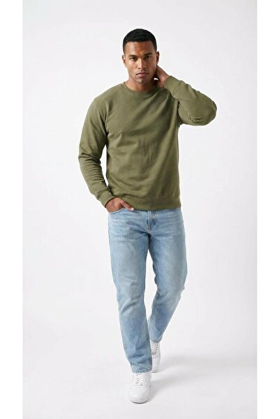 KLY سويت شيرت رجالي أساسي برقبة دائرية وأكمام طويلة مصنوع من القطن بنسبة 100% لون زيتوني C4T0N5
