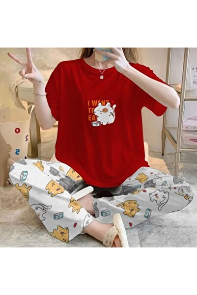 Silona Homewear Σετ πιτζάμες με κοντό μανίκι Bahd Cat42 σε κόκκινο χρώμα