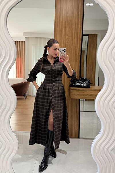 Gizem Ecemiş Hans Kahve Ekose Belden Oturtmalı Elbise