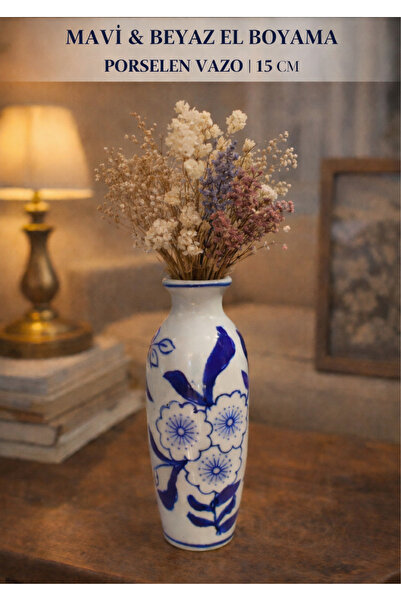 onyyapim MAVİ & BEYAZ EL BOYAMA PORSELEN VAZO | 15 CM DEKORATİF VİNTAGE