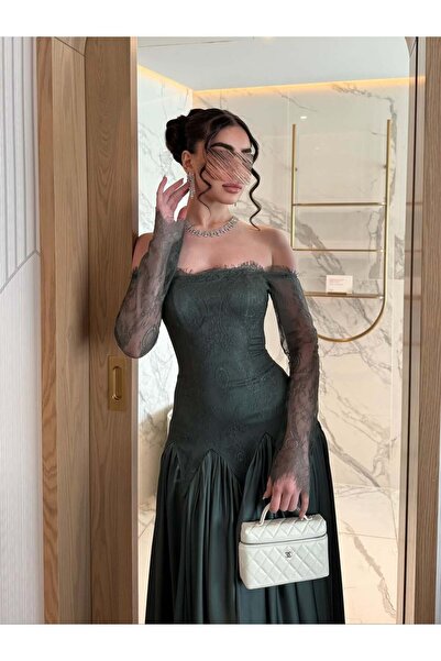 Razan Fashion An attractive, sophisticated, and elegant off-the-shoulder dress in an olive green color.