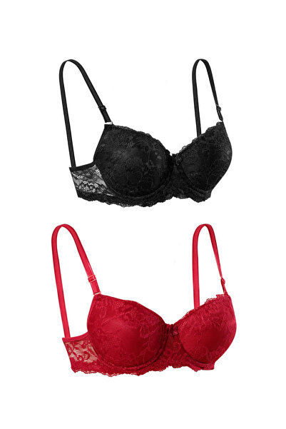 lenastella Siyah Kırmızı Dolgulu Dantelli 2li Sütyen