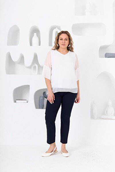 RMG Plus Size White Blouse with Pleated Sleeves