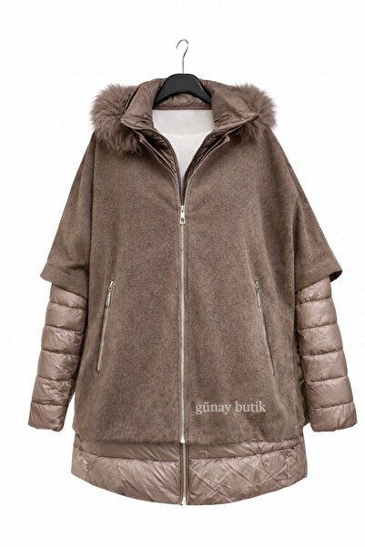 günay boutıque Hooded Fur Detailed Puffer Coat – Brown